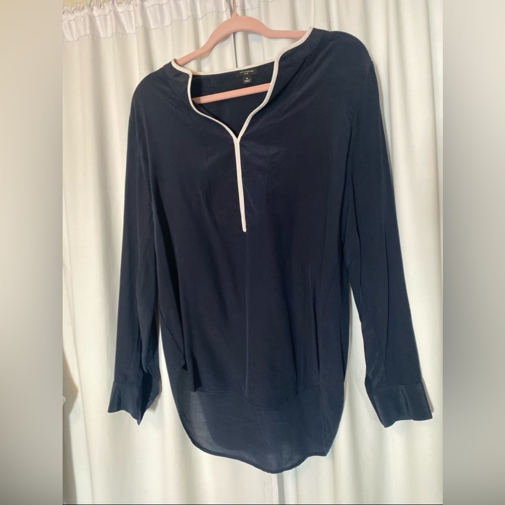 Ann Taylor 100% Silk Navy Blouse with White Trim